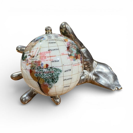 Polished Gemstone Globe in Antiqued Silver Metal Hand 10Lx6Wx5H