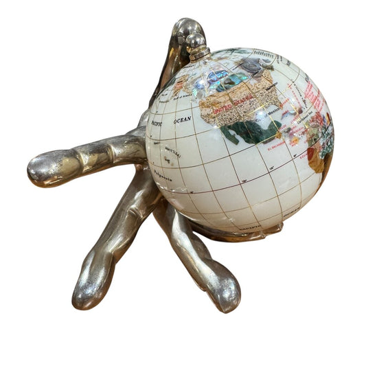 Polished Gemstone Globe in Antiqued Silver Metal Hand 10Lx6Wx5H