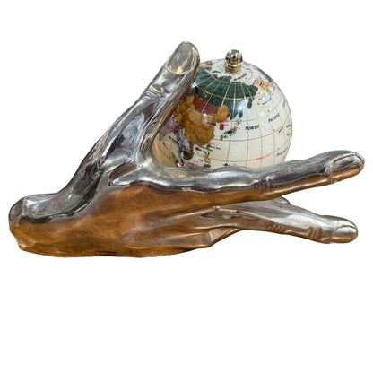 Polished Gemstone Globe in Antiqued Silver Metal Hand 10Lx6Wx5H