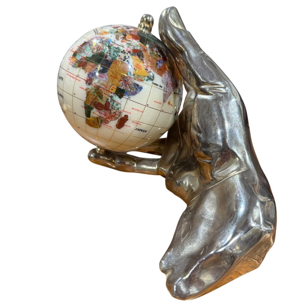 Polished Gemstone Globe in Antiqued Silver Metal Hand 10Lx6Wx5H