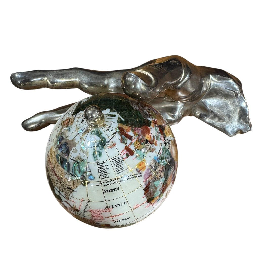 Polished Gemstone Globe in Antiqued Silver Metal Hand 10Lx6Wx5H