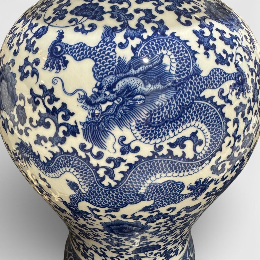 Blue & White Porcelain Dragon & Floral Design Temple / Ginger Jar 11Lx11Wx20H