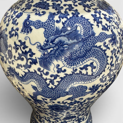 Blue & White Porcelain Dragon & Floral Design Temple / Ginger Jar 11Lx11Wx20H