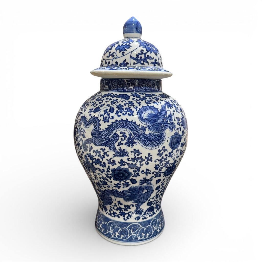 Blue & White Porcelain Dragon & Floral Design Temple / Ginger Jar 11Lx11Wx20H