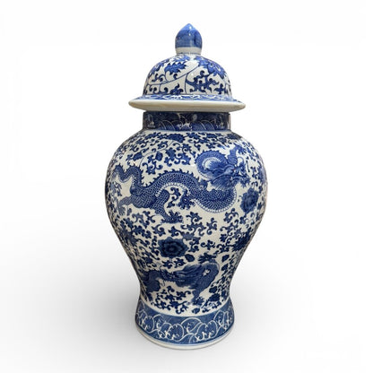 Blue & White Porcelain Dragon & Floral Design Temple / Ginger Jar 11Lx11Wx20H