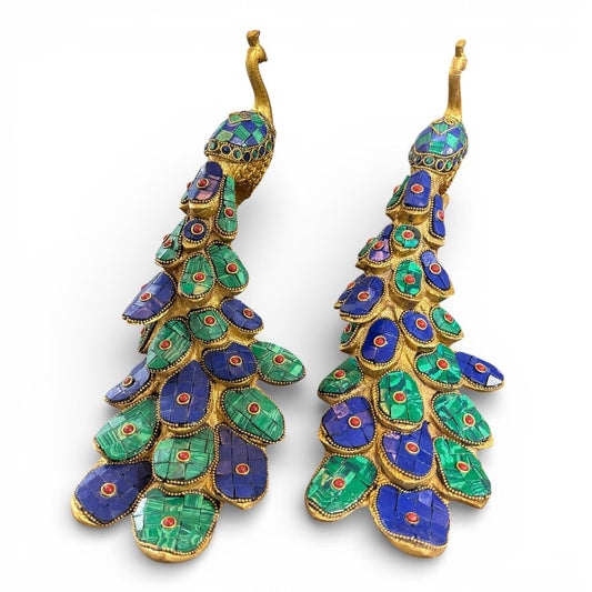 Pair of Solid Brass Peacocks w/ Intricate MultiColored Stonework 12Lx5Wx8H
