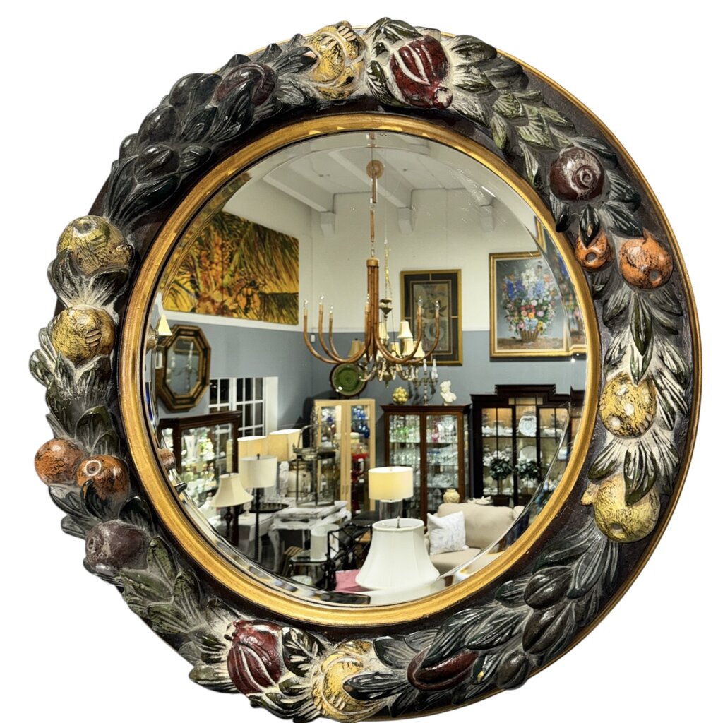 Vintage 31" Carved Fruit Round Beveled Mirror by La Barge