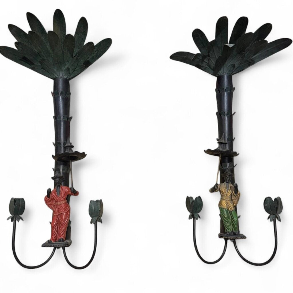 Pair of Iron Chinoiserie Figural and Palm Sconces 15Lx8Wx30H