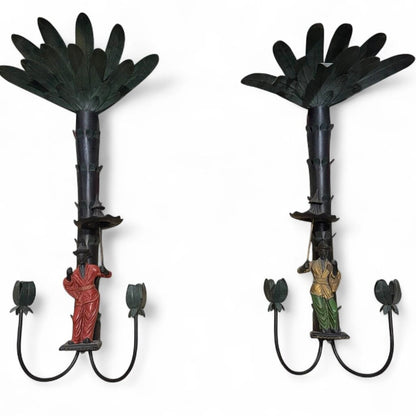 Pair of Iron Chinoiserie Figural and Palm Sconces 15Lx8Wx30H