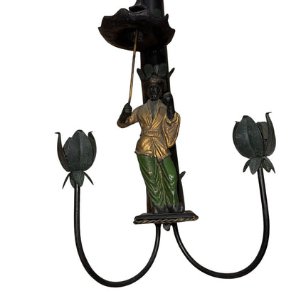 Pair of Iron Chinoiserie Figural and Palm Sconces 15Lx8Wx30H