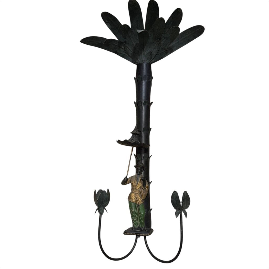 Pair of Iron Chinoiserie Figural and Palm Sconces 15Lx8Wx30H