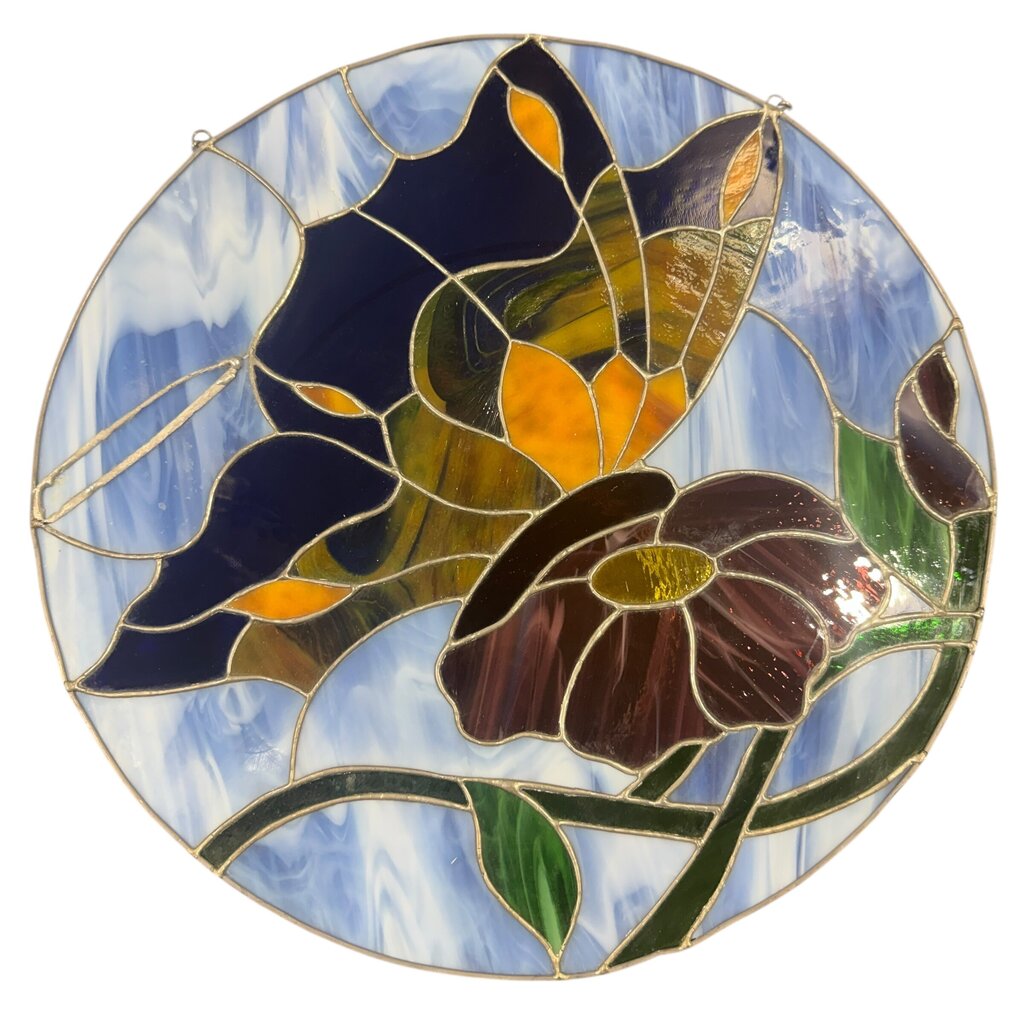 18" Round Butterfly Stained Glass Hanging w/ Chains