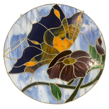 18" Round Butterfly Stained Glass Hanging w/ Chains