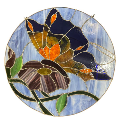 18" Round Butterfly Stained Glass Hanging w/ Chains