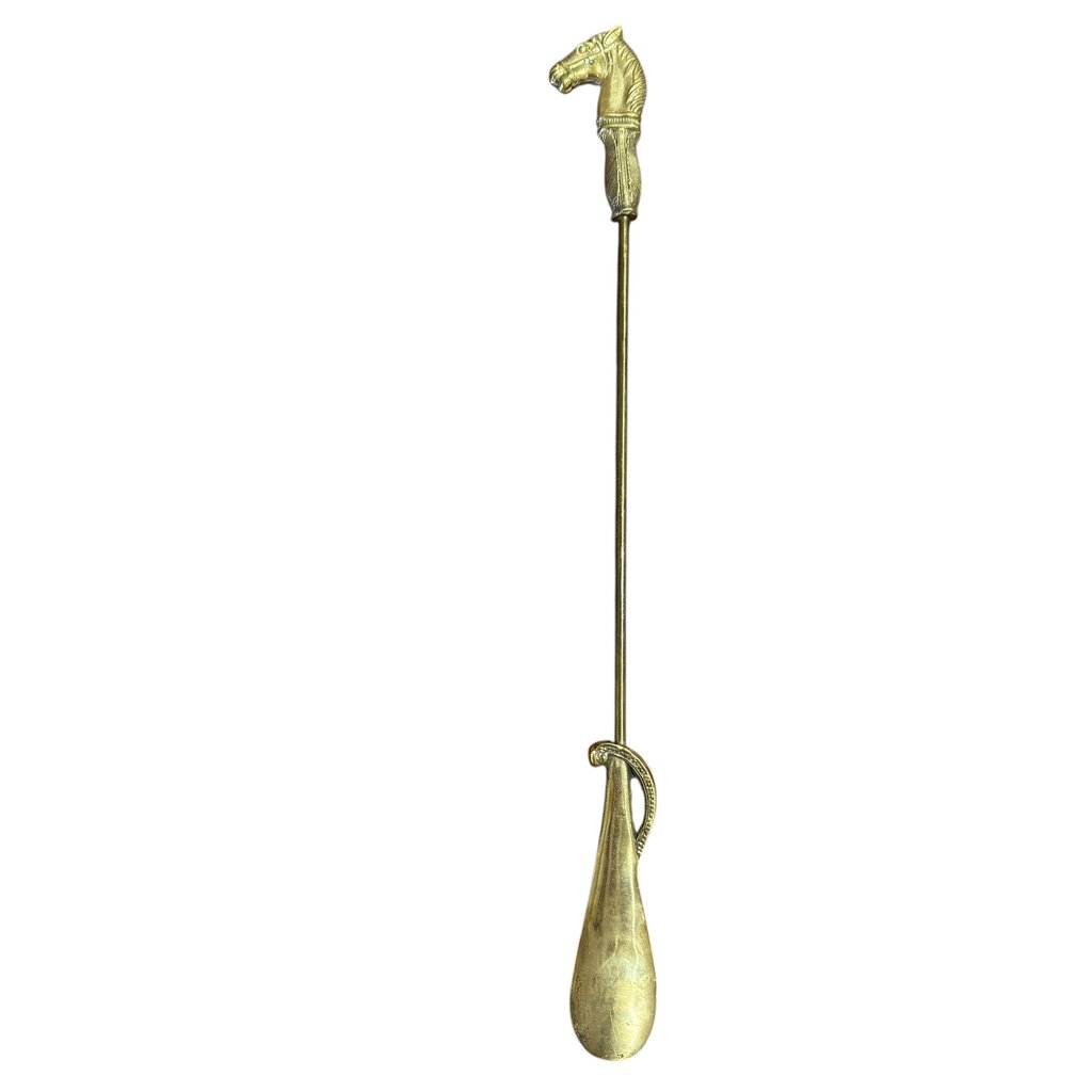 Vintage Solid Brass Shoehorn w/ Horse Head Handle 20" Long