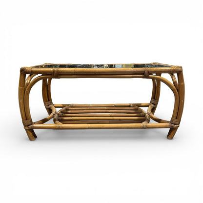 Vintage MCM Ficks Reed Glass Top Bamboo & Rattan Coffee Table w/ Curved Legs and Slatted Lower Shelf 36Lx18Wx18H