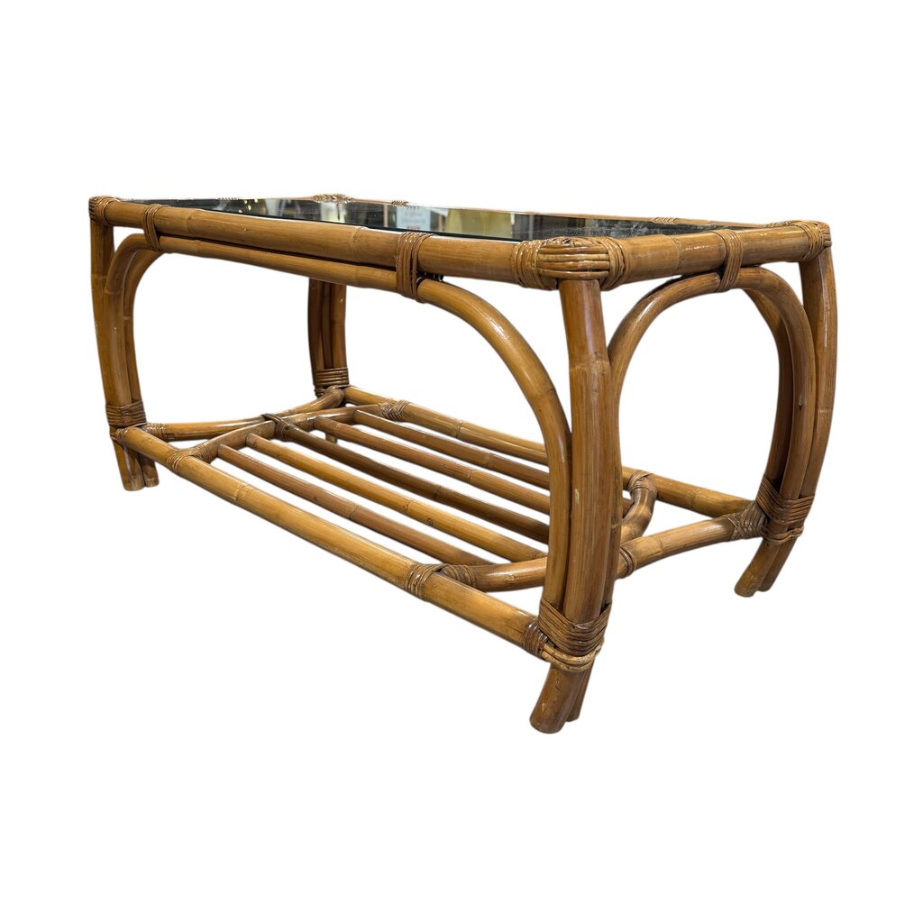 Vintage MCM Ficks Reed Glass Top Bamboo & Rattan Coffee Table w/ Curved Legs and Slatted Lower Shelf 36Lx18Wx18H
