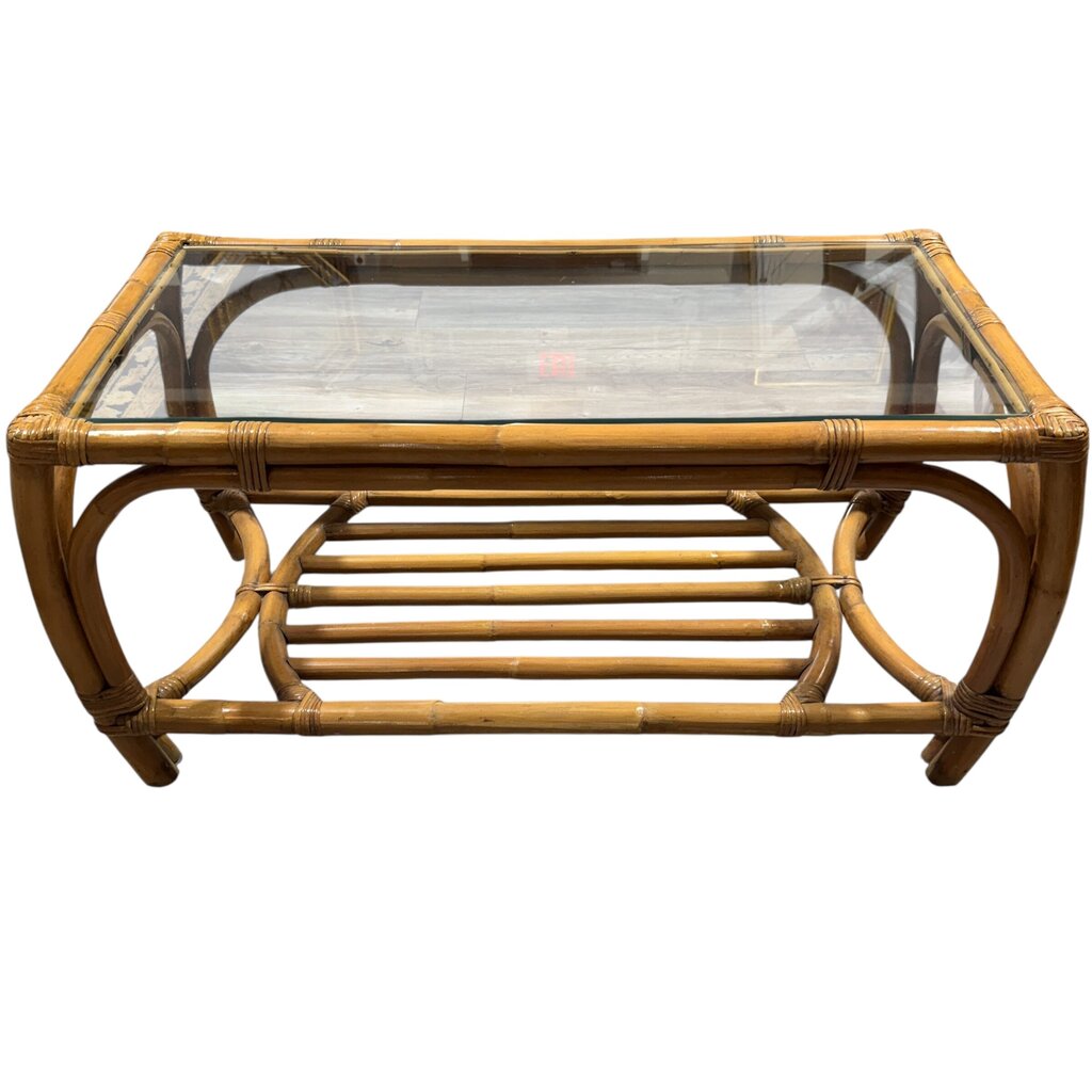 Vintage MCM Ficks Reed Glass Top Bamboo & Rattan Coffee Table w/ Curved Legs and Slatted Lower Shelf 36Lx18Wx18H