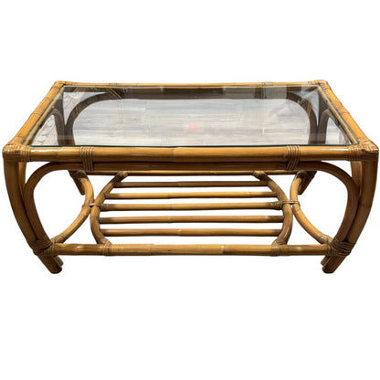 Vintage MCM Ficks Reed Glass Top Bamboo & Rattan Coffee Table w/ Curved Legs and Slatted Lower Shelf 36Lx18Wx18H