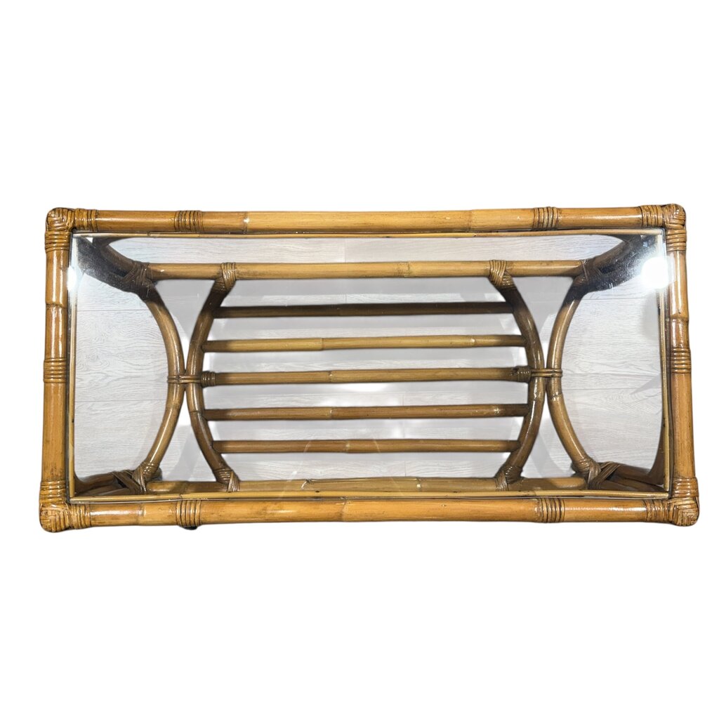 Vintage MCM Ficks Reed Glass Top Bamboo & Rattan Coffee Table w/ Curved Legs and Slatted Lower Shelf 36Lx18Wx18H