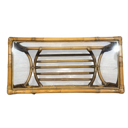 Vintage MCM Ficks Reed Glass Top Bamboo & Rattan Coffee Table w/ Curved Legs and Slatted Lower Shelf 36Lx18Wx18H