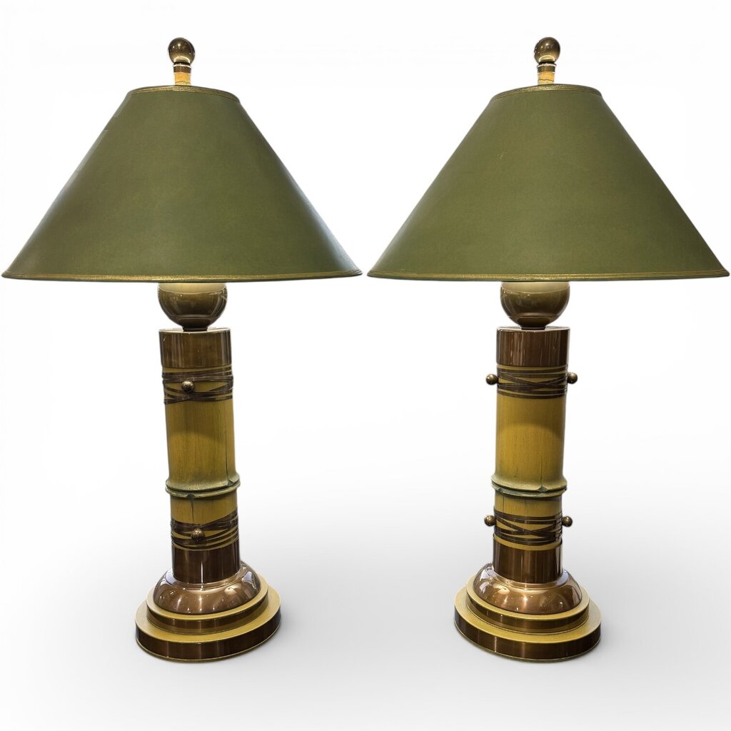 Rare Pair of 1970s Hart Associates Hollywood Regency Table Lamps Featuring Sculptural Brass and Faux Bamboo Columns w/ Rich Green Shades. Classic Style w/ Exceptional Weight and Craftsmanship. A True Designer Find. 20Lx20Wx35H