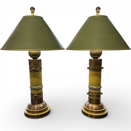 Rare Pair of 1970s Hart Associates Hollywood Regency Table Lamps Featuring Sculptural Brass and Faux Bamboo Columns w/ Rich Green Shades. Classic Style w/ Exceptional Weight and Craftsmanship. A True Designer Find. 20Lx20Wx35H