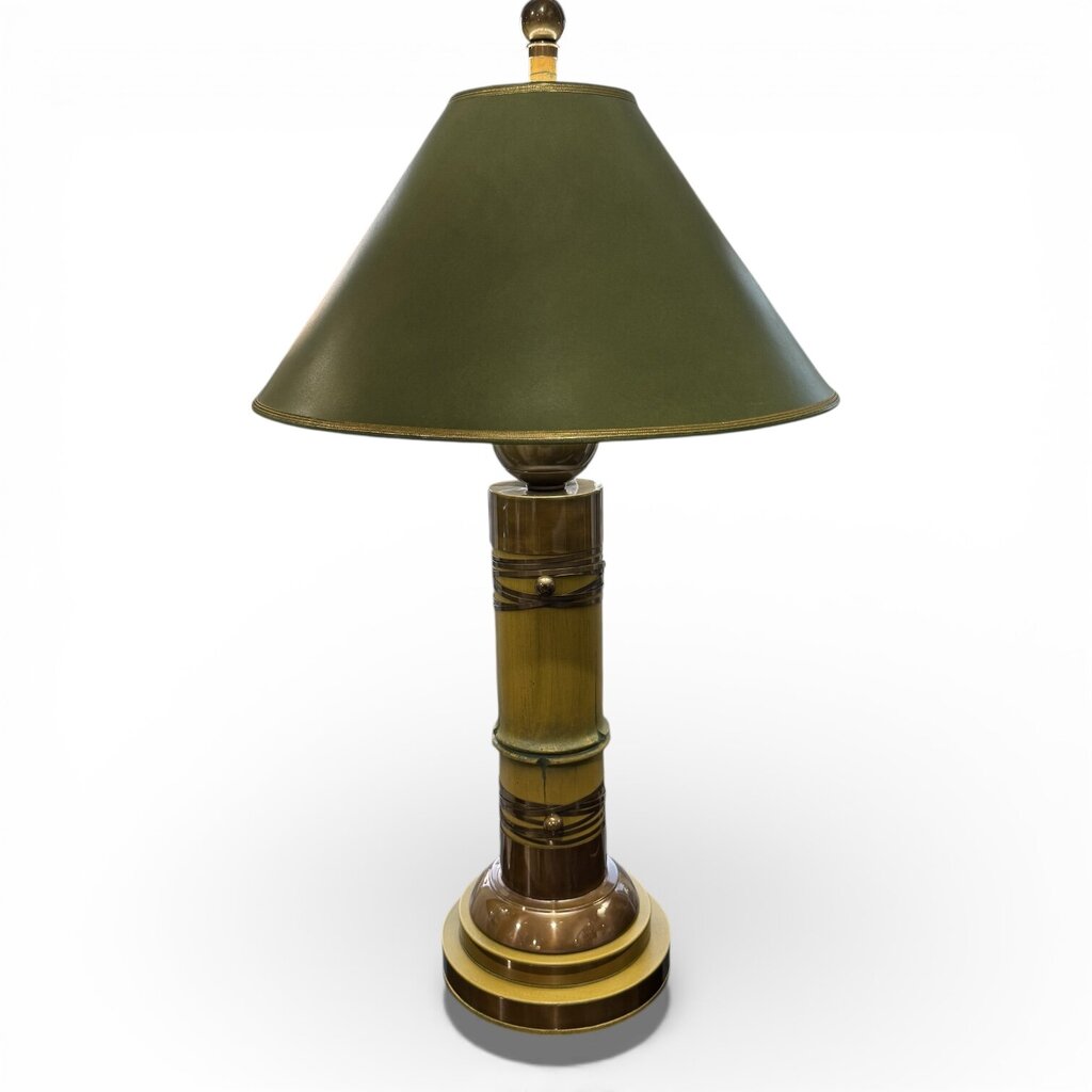 Rare Pair of 1970s Hart Associates Hollywood Regency Table Lamps Featuring Sculptural Brass and Faux Bamboo Columns w/ Rich Green Shades. Classic Style w/ Exceptional Weight and Craftsmanship. A True Designer Find. 20Lx20Wx35H