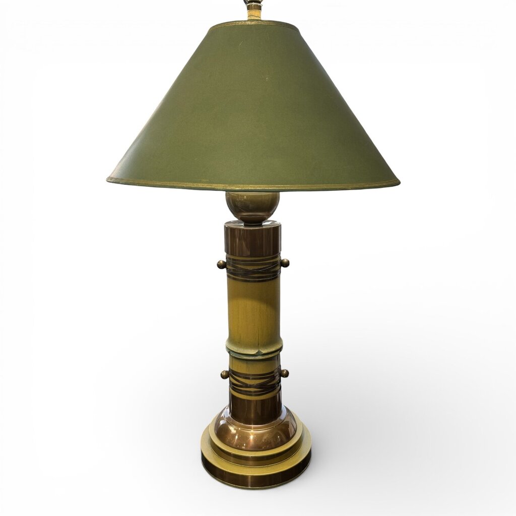 Rare Pair of 1970s Hart Associates Hollywood Regency Table Lamps Featuring Sculptural Brass and Faux Bamboo Columns w/ Rich Green Shades. Classic Style w/ Exceptional Weight and Craftsmanship. A True Designer Find. 20Lx20Wx35H