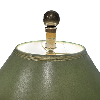 Rare Pair of 1970s Hart Associates Hollywood Regency Table Lamps Featuring Sculptural Brass and Faux Bamboo Columns w/ Rich Green Shades. Classic Style w/ Exceptional Weight and Craftsmanship. A True Designer Find. 20Lx20Wx35H