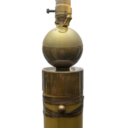 Rare Pair of 1970s Hart Associates Hollywood Regency Table Lamps Featuring Sculptural Brass and Faux Bamboo Columns w/ Rich Green Shades. Classic Style w/ Exceptional Weight and Craftsmanship. A True Designer Find. 20Lx20Wx35H