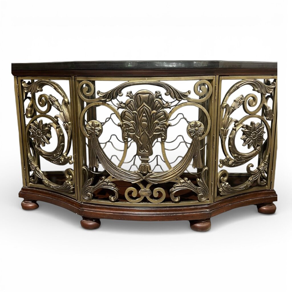 Black Marble Top Demi-Lune Wine Console w/ Floral Gold Metal Scroll Motif & Wood Base Holds 20 Bottles 60Lx20Wx34H