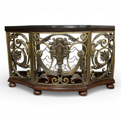 Black Marble Top Demi-Lune Wine Console w/ Floral Gold Metal Scroll Motif & Wood Base Holds 20 Bottles 60Lx20Wx34H
