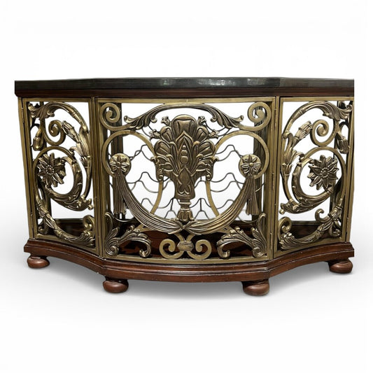Black Marble Top Demi-Lune Wine Console w/ Floral Gold Metal Scroll Motif & Wood Base Holds 20 Bottles 60Lx20Wx34H