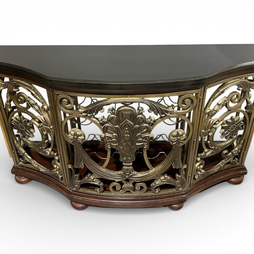 Black Marble Top Demi-Lune Wine Console w/ Floral Gold Metal Scroll Motif & Wood Base Holds 20 Bottles 60Lx20Wx34H