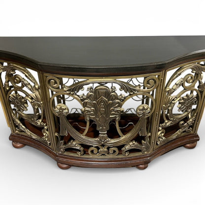 Black Marble Top Demi-Lune Wine Console w/ Floral Gold Metal Scroll Motif & Wood Base Holds 20 Bottles 60Lx20Wx34H