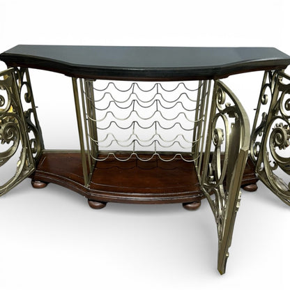 Black Marble Top Demi-Lune Wine Console w/ Floral Gold Metal Scroll Motif & Wood Base Holds 20 Bottles 60Lx20Wx34H