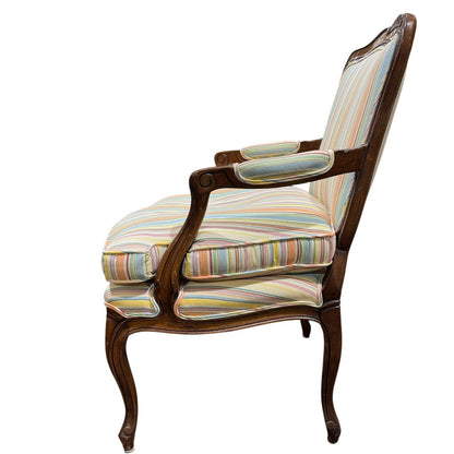 Pair of French Louis XV Style Carved Walnut Fauteuil Armchairs w/ Coastal Striped Upholstery