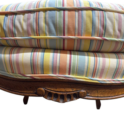 Pair of French Louis XV Style Carved Walnut Fauteuil Armchairs w/ Coastal Striped Upholstery