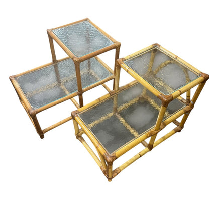 Pair of MCM Natural Rattan Two-Tier Side Tables w/ Textured Glass Tops 17Lx27Wx22H
