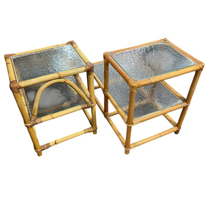 Pair of MCM Natural Rattan Two-Tier Side Tables w/ Textured Glass Tops 17Lx27Wx22H