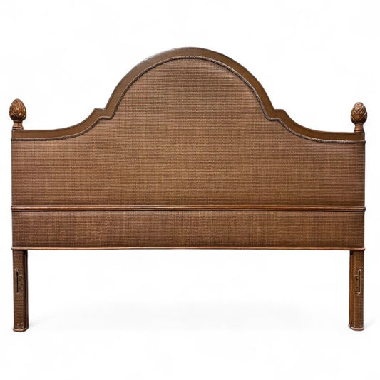 Tommy Bahama King Wood & Woven Rattan Headboard w/ Leather Stitching & Pineapple Finials 82Lx65H