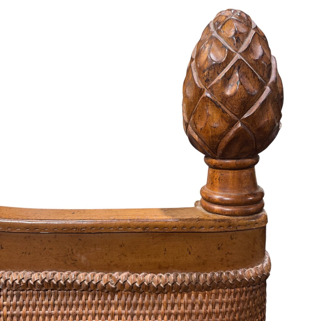 Tommy Bahama King Wood & Woven Rattan Headboard w/ Leather Stitching & Pineapple Finials 82Lx65H