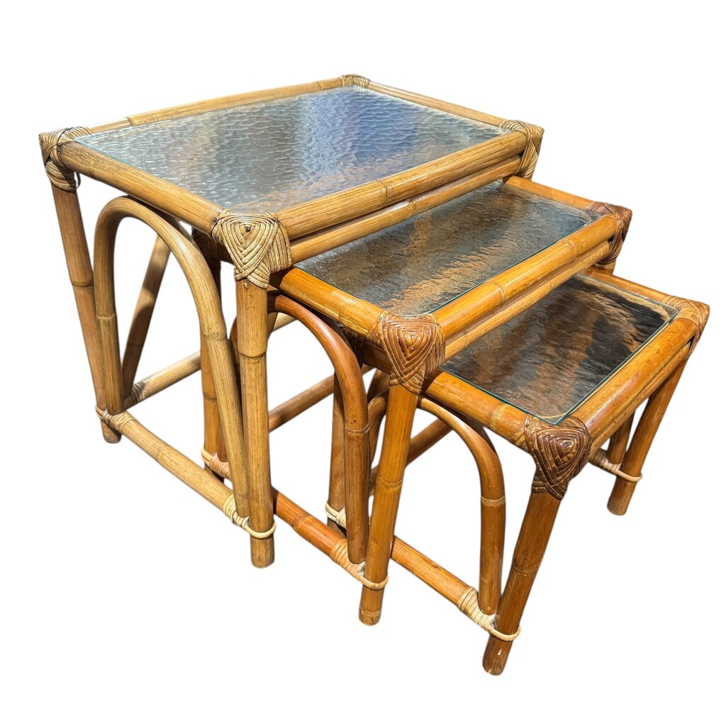 Set of 3 MCM Natural Bamboo Rattan Nesting Tables w/ Textured Glass Tops 25Lx17Wx22H