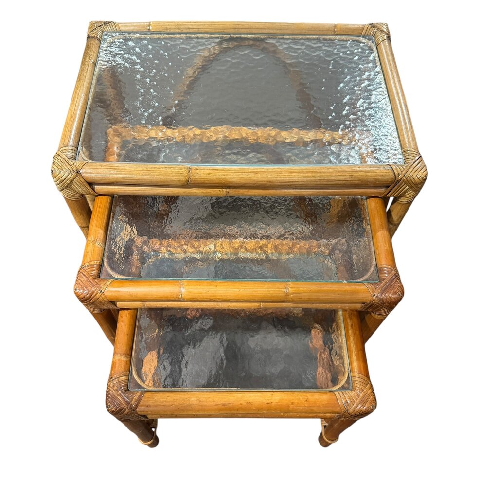 Set of 3 MCM Natural Bamboo Rattan Nesting Tables w/ Textured Glass Tops 25Lx17Wx22H