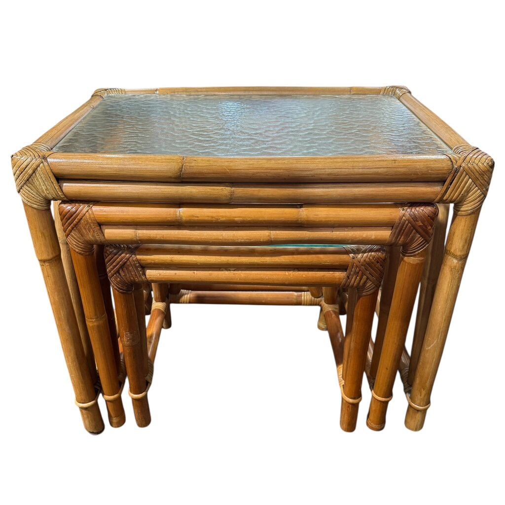 Set of 3 MCM Natural Bamboo Rattan Nesting Tables w/ Textured Glass Tops 25Lx17Wx22H
