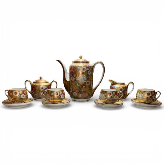 Rare Koshida Satsuma Japanese Meiji Thousand Flowers Tea / Coffee Set w/ Hidden Geisha in 4 Demitasse Cups & Saucers 24K Gold & Porcelain