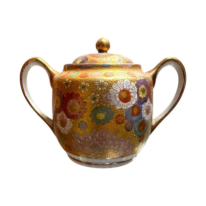 Rare Koshida Satsuma Japanese Meiji Thousand Flowers Tea / Coffee Set w/ Hidden Geisha in 4 Demitasse Cups & Saucers 24K Gold & Porcelain