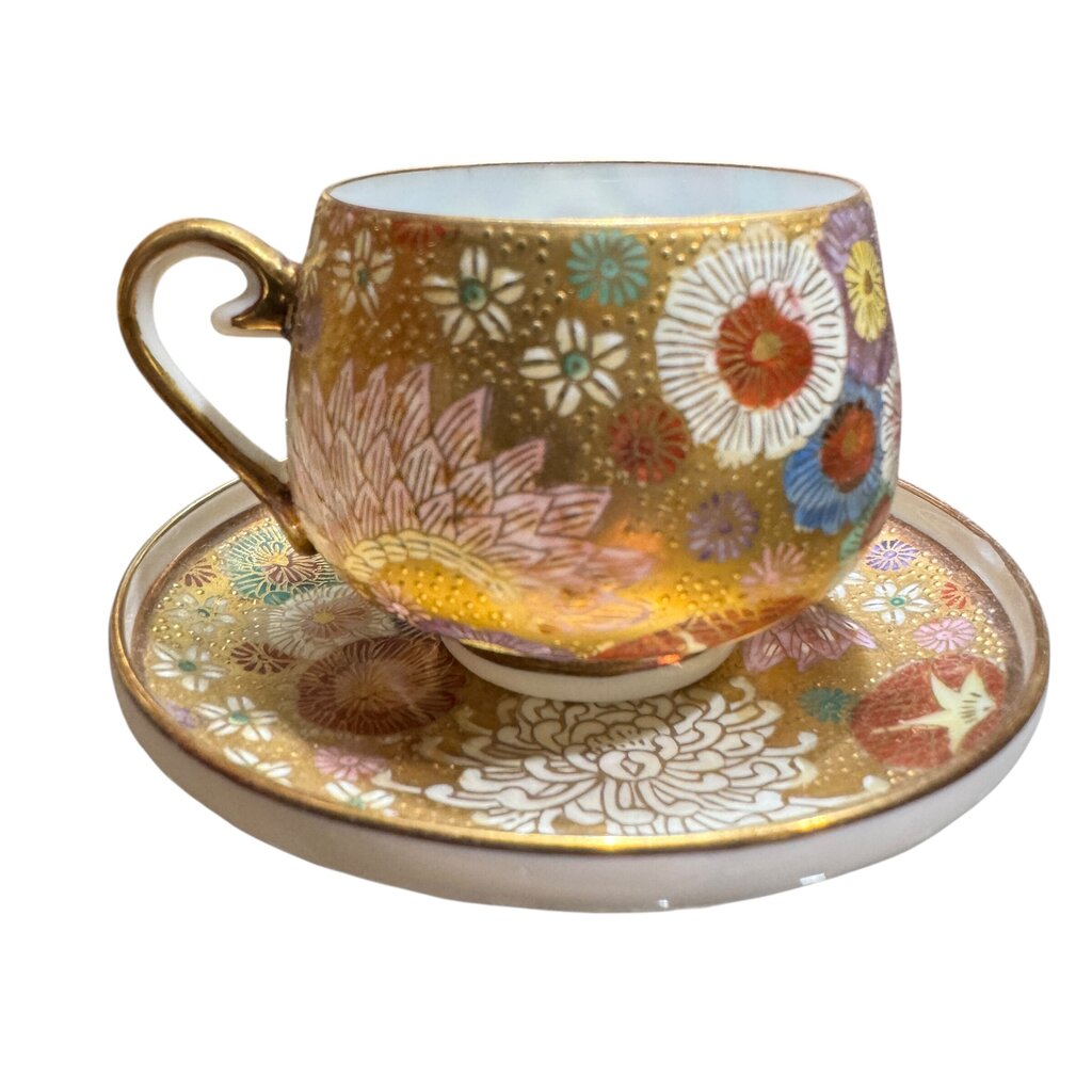Rare Koshida Satsuma Japanese Meiji Thousand Flowers Tea / Coffee Set w/ Hidden Geisha in 4 Demitasse Cups & Saucers 24K Gold & Porcelain