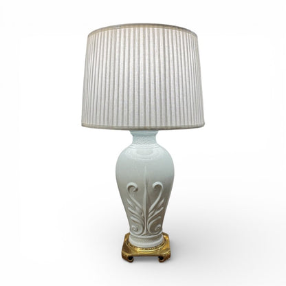 Vintage Celadon Blue Ethan Allen Porcelain Hollywood Regency Lamp w/ Brass Base. New Pleated Shade 35" tall